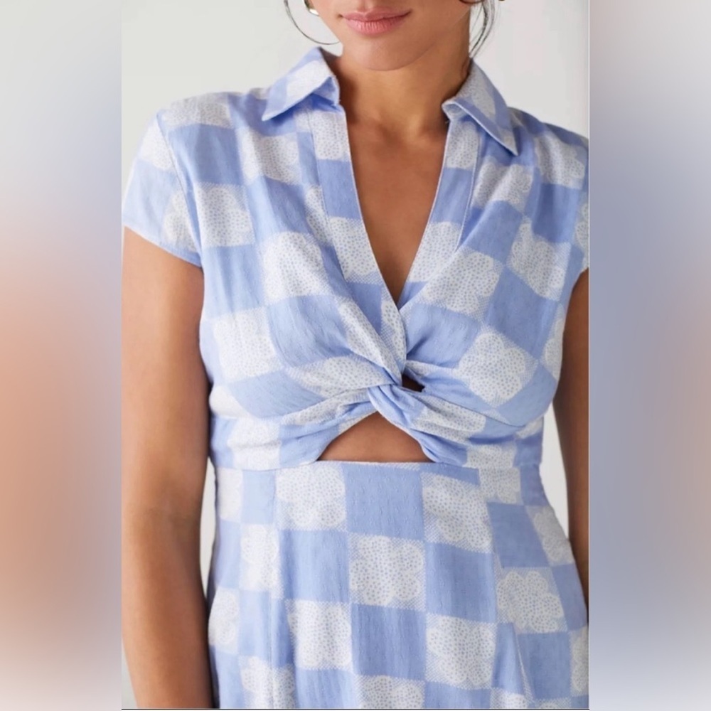 Urban Outfitters Harlow Twist Front Mini Dress, Blue White Floral Check, Small - Picture 3 of 12